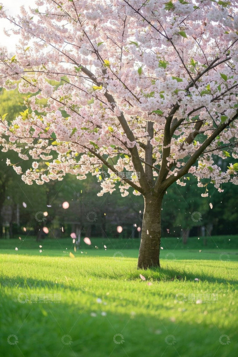 高清大图下载【趣麦麦图】春日草地盛开的樱花树