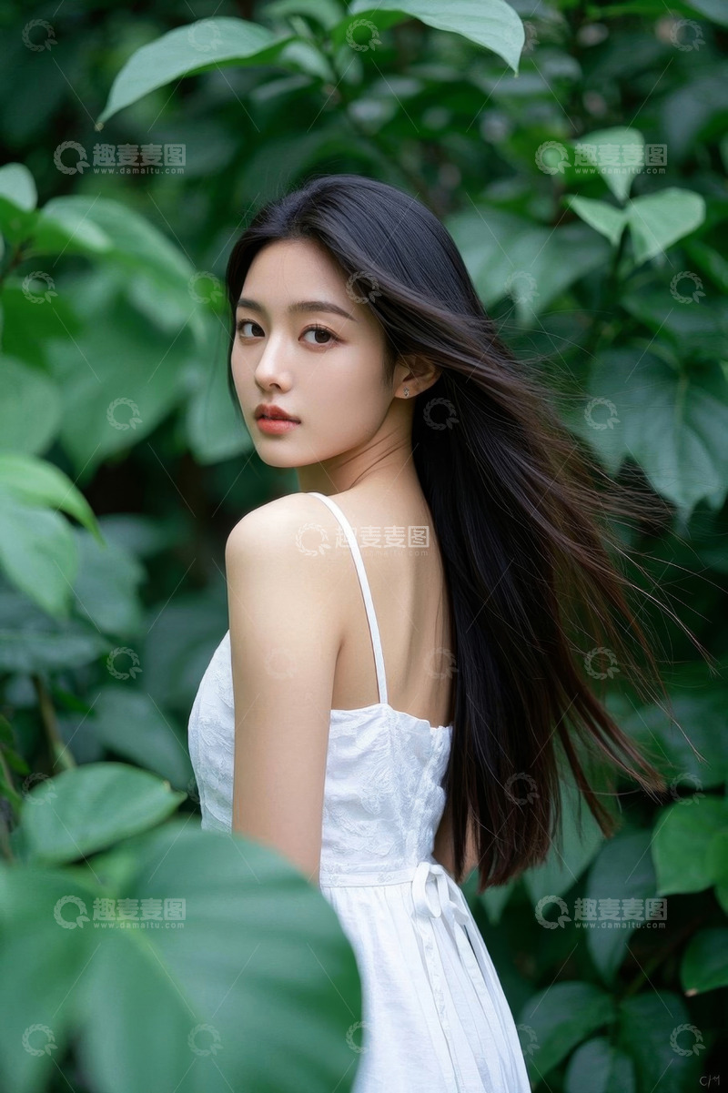 高清大图下载【趣麦麦图】户外自然中穿白裙的长发女子
