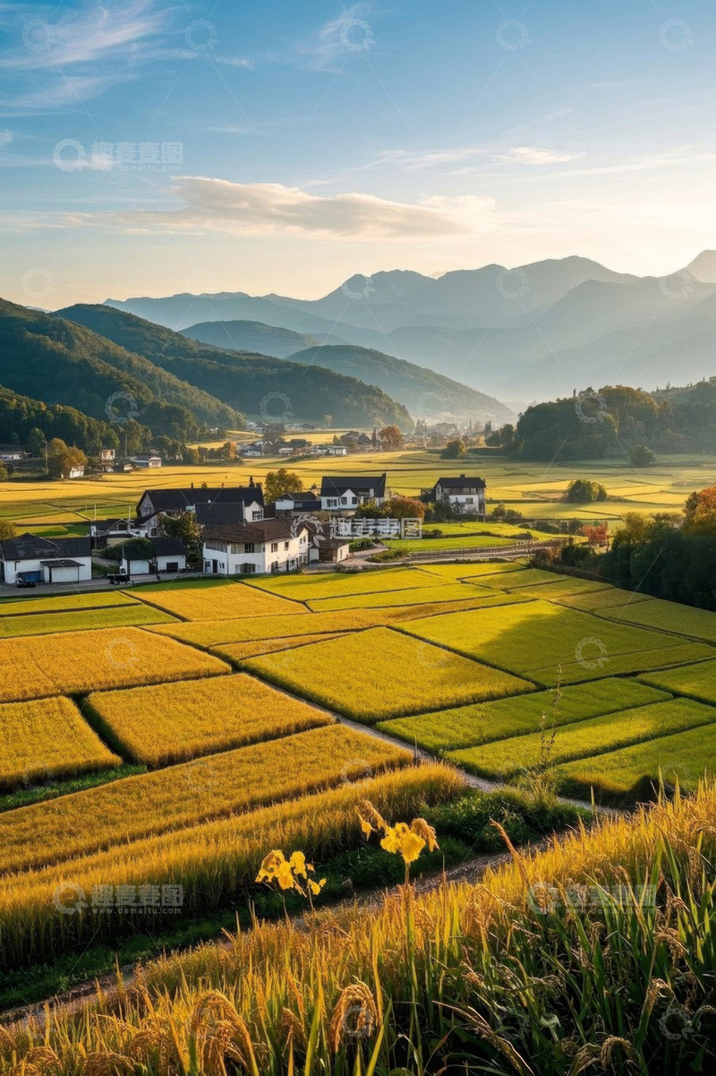 高清大图下载【趣麦麦图】乡村稻田与远山自然风光