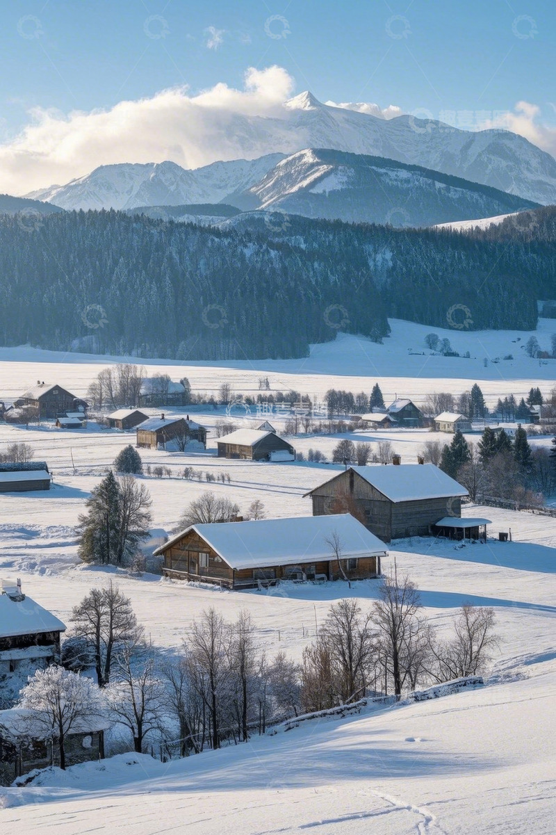 高清大图下载【趣麦麦图】雪山下的冬日乡村雪景
