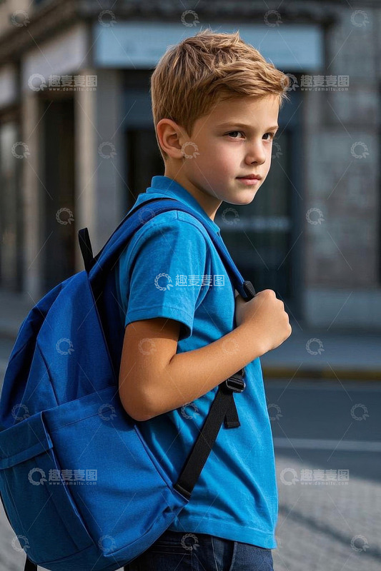 背蓝色背包的男孩站在街道