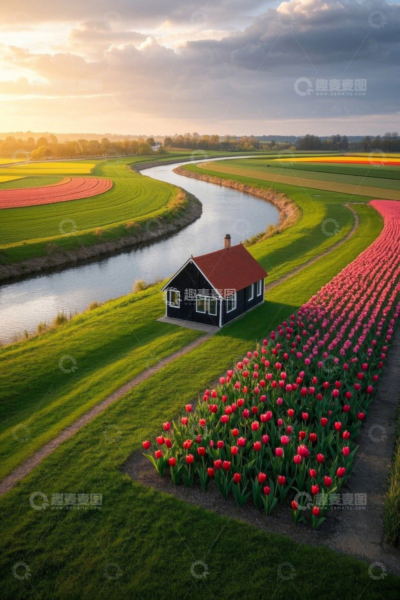 高清大图下载【趣麦麦图】荷兰田园郁金香花田与小屋