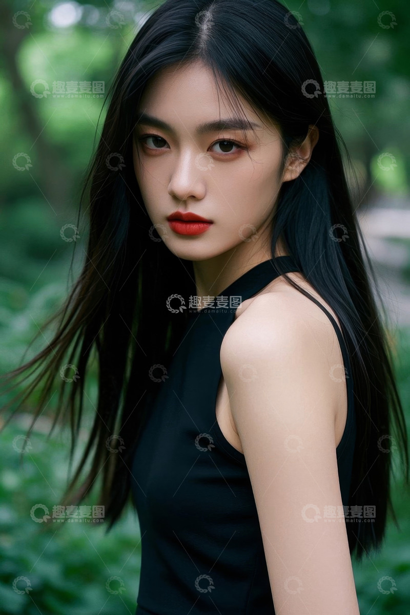 高清大图下载【趣麦麦图】户外黑衣长发女性肖像