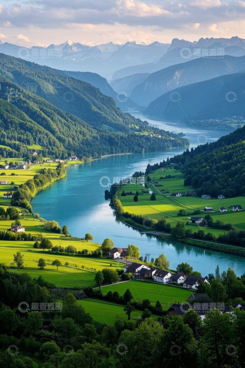 高清大图下载【趣麦麦图】山谷间河流与田园风光