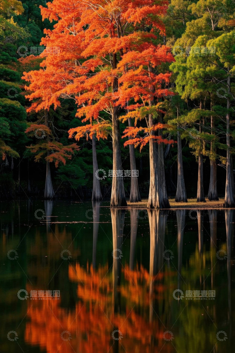 高清大图下载【趣麦麦图】秋日湖畔红树倒影风光