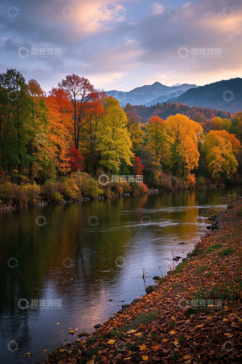 高清大图下载【趣麦麦图】秋季河边多彩树林自然景观