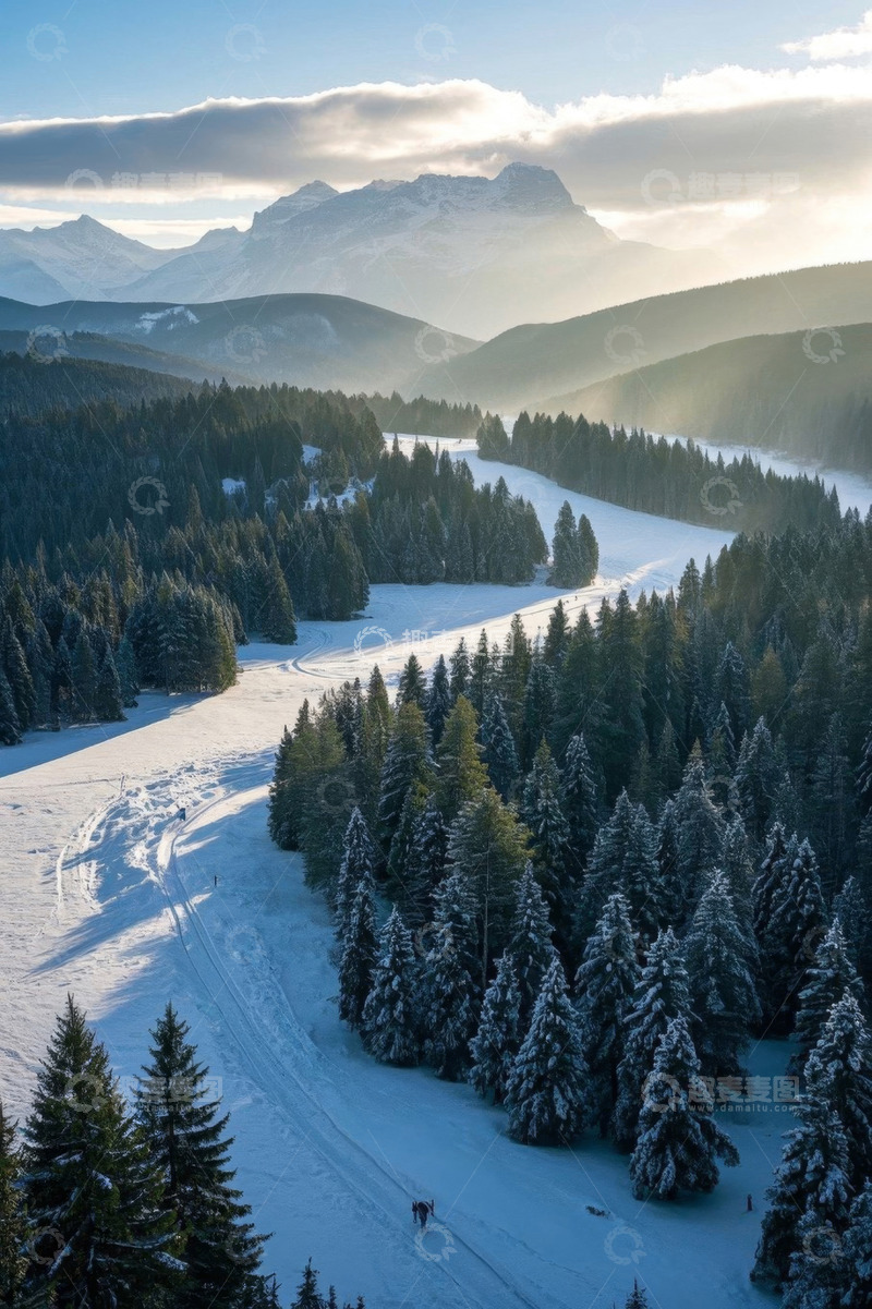 高清大图下载【趣麦麦图】冬日雪覆森林与远山风景