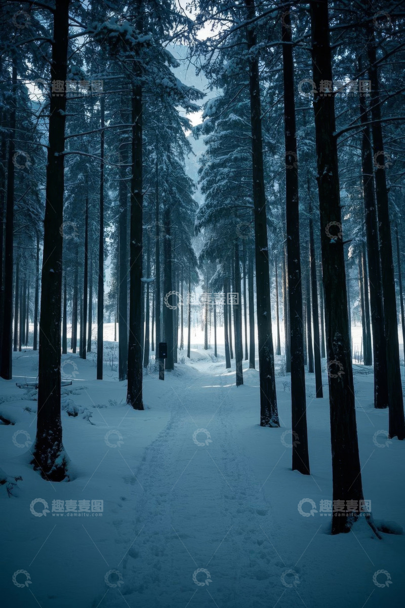 高清大图下载【趣麦麦图】冬日雪覆森林林间小道