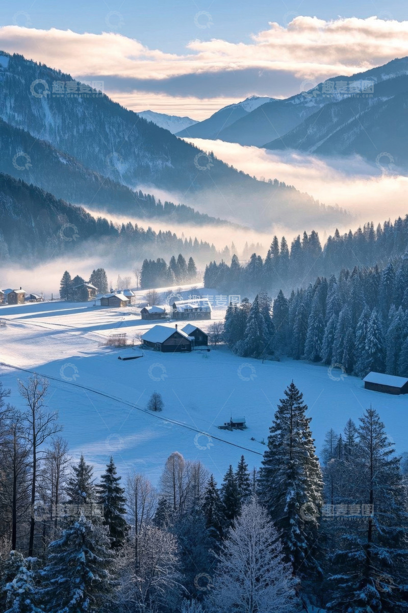 高清大图下载【趣麦麦图】雪后山间村落风景