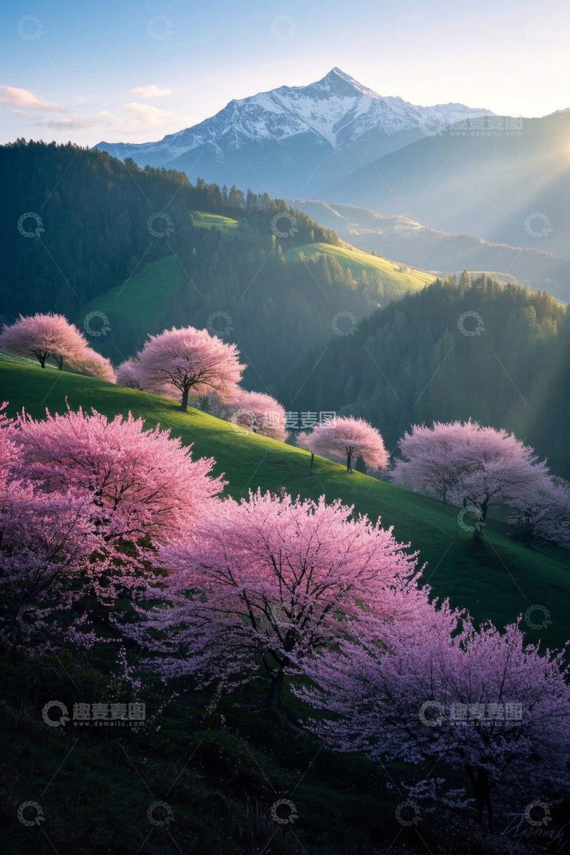 高清大图下载【趣麦麦图】山坡粉花与雪山自然风光