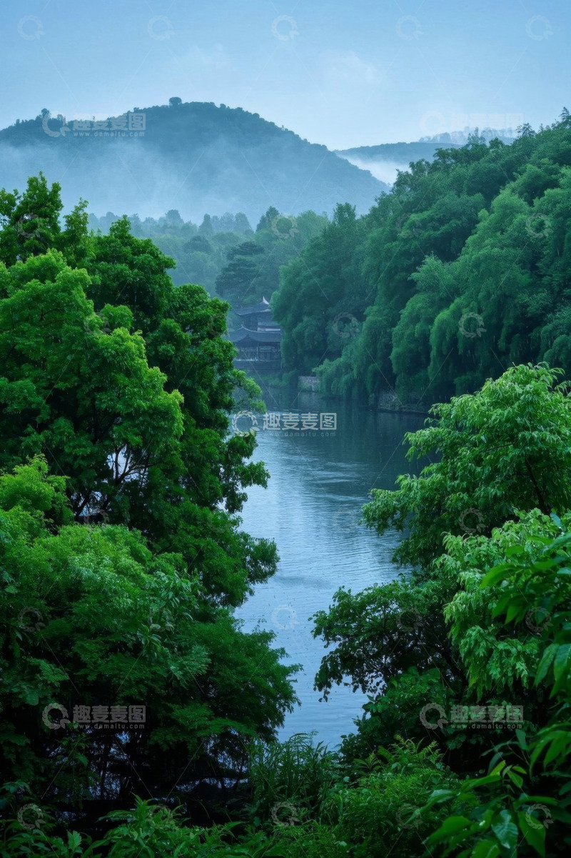 高清大图下载【趣麦麦图】山林间河流与古建筑景观