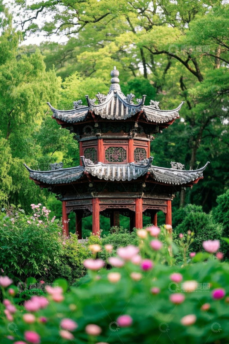 高清大图下载【趣麦麦图】中式古亭与繁花绿植景观