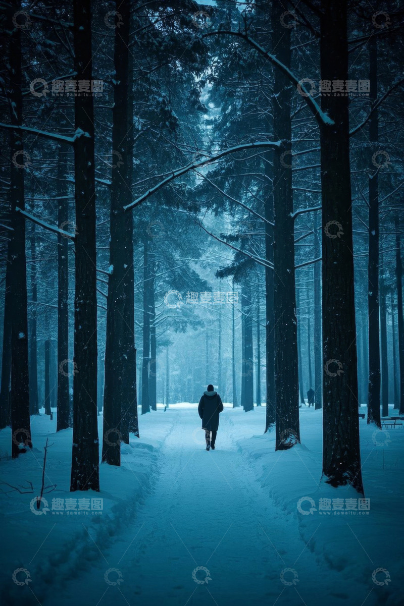 高清大图下载【趣麦麦图】冬日森林中行人独自行走