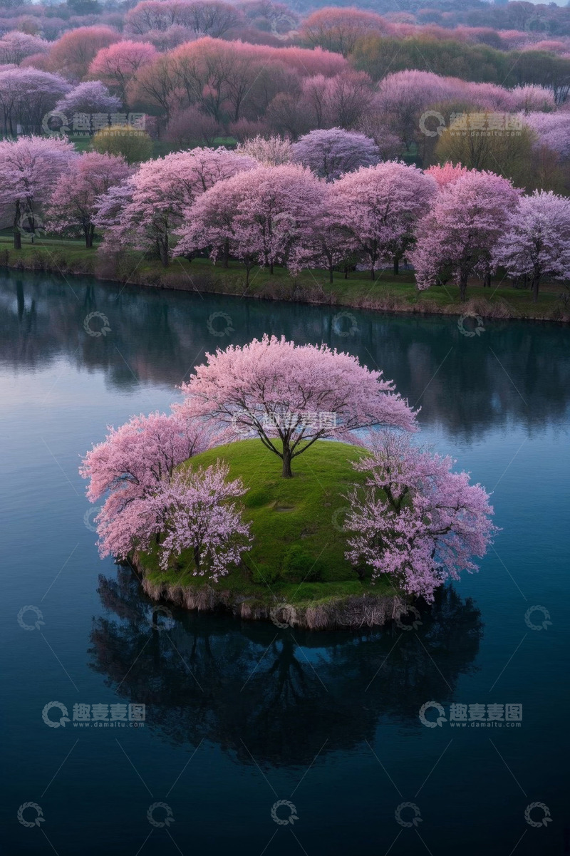 高清大图下载【趣麦麦图】湖畔小岛盛开的樱花景观
