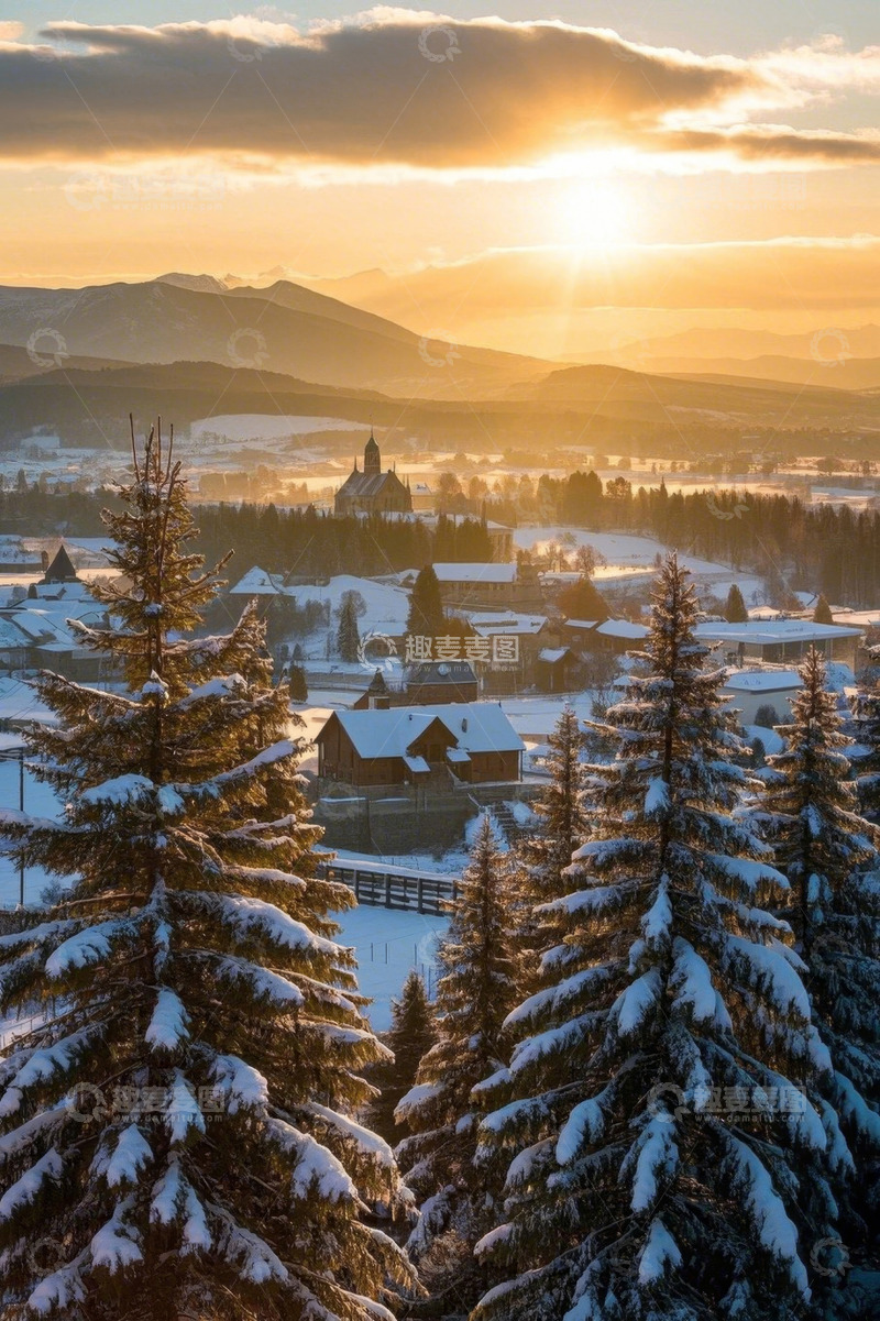 高清大图下载【趣麦麦图】雪后山村日出全景