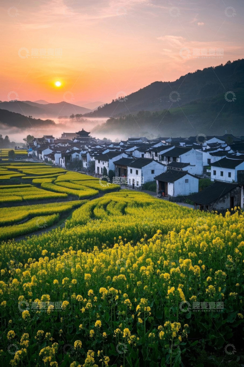 高清大图下载【趣麦麦图】乡村油菜花田与民居日落景象