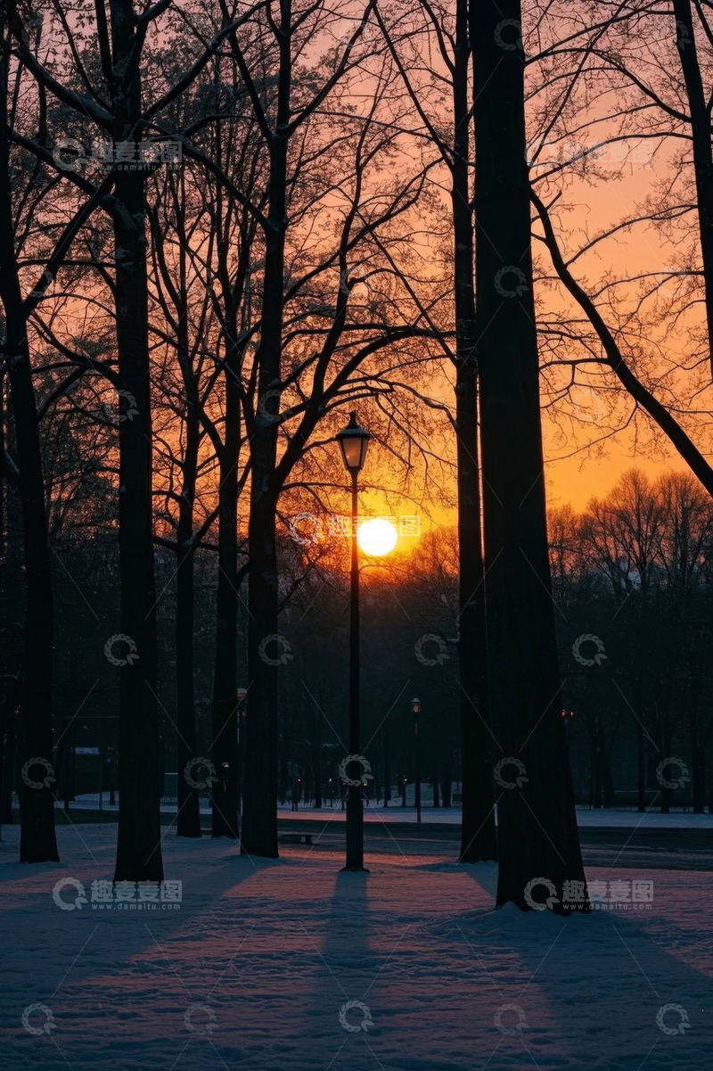 高清大图下载【趣麦麦图】冬日公园落日雪景