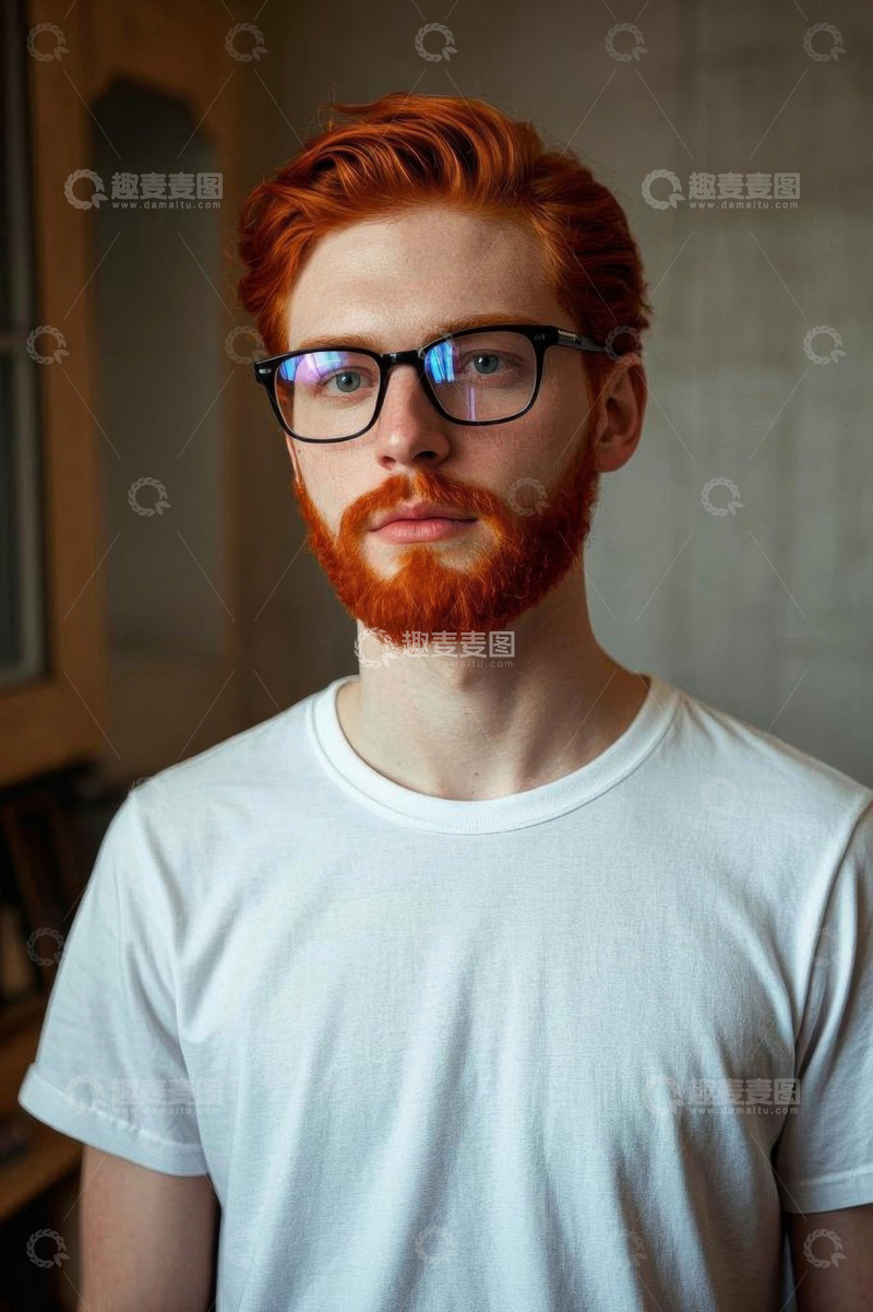 高清大图下载【趣麦麦图】红发戴眼镜男子肖像特写