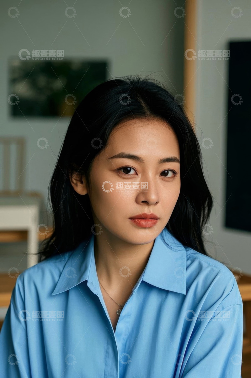 高清大图下载【趣麦麦图】室内穿着蓝色衬衫的女性