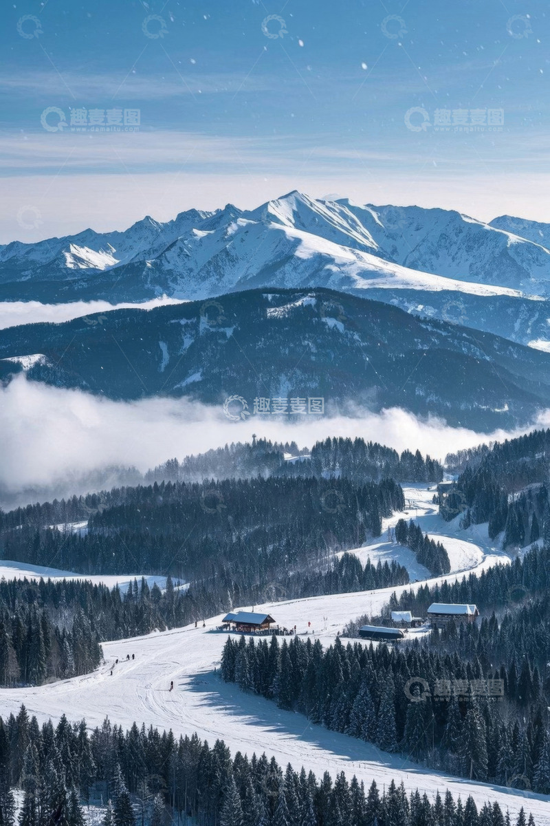 高清大图下载【趣麦麦图】雪山森林间的冬日风景