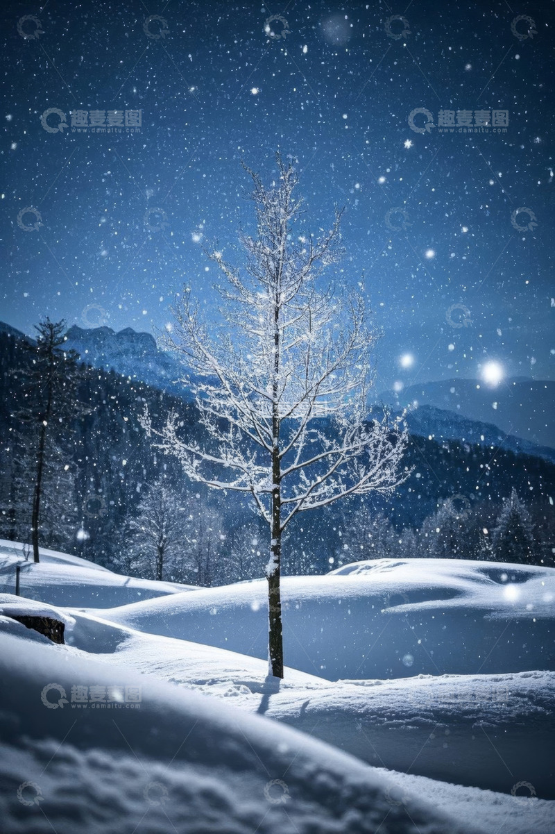高清大图下载【趣麦麦图】冬夜雪景中的孤树