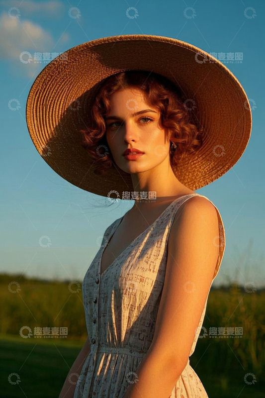 户外戴草帽的美丽女子