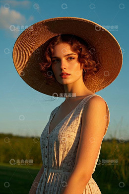 户外戴草帽的美丽女子