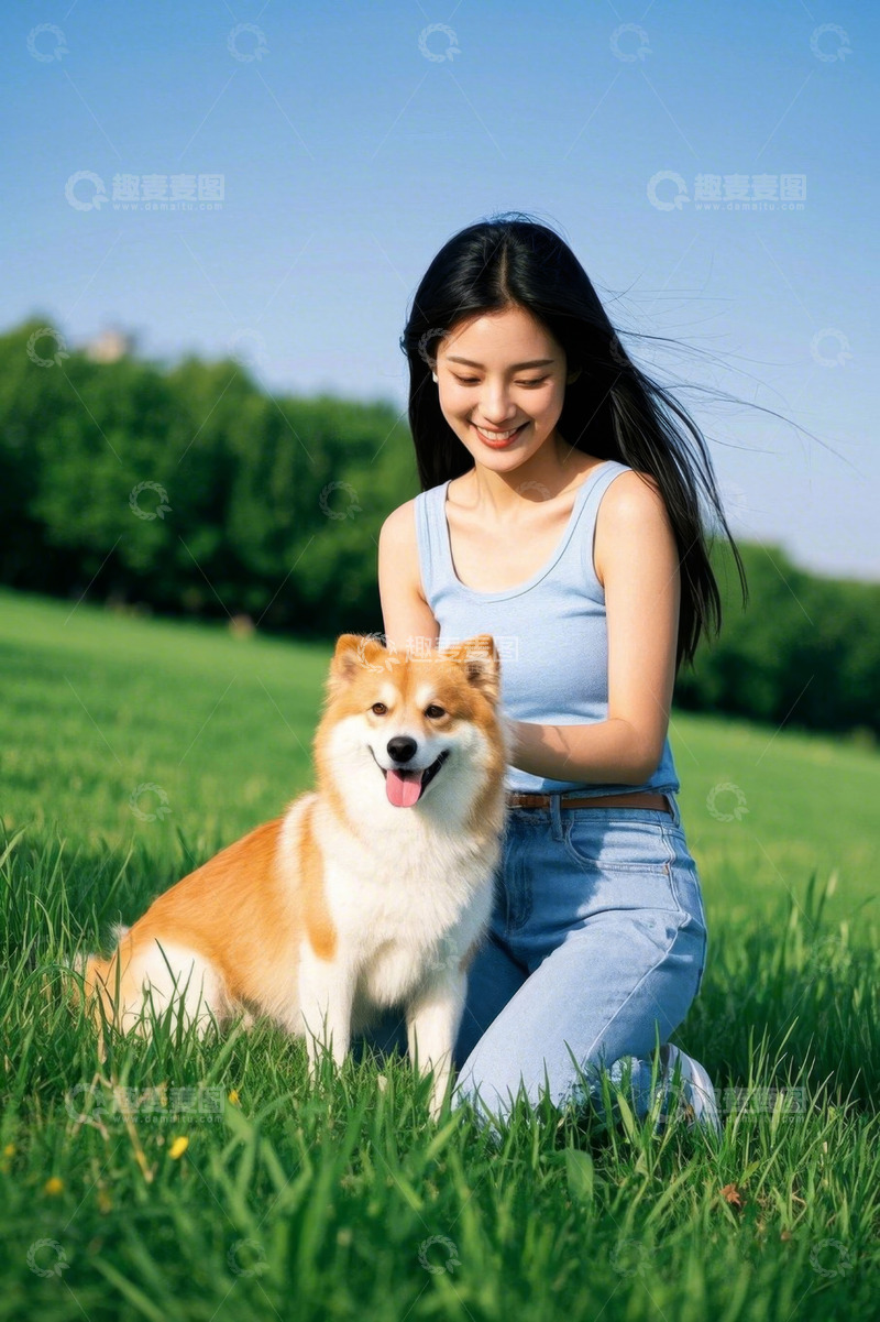 高清大图下载【趣麦麦图】女子草地与狗互动
