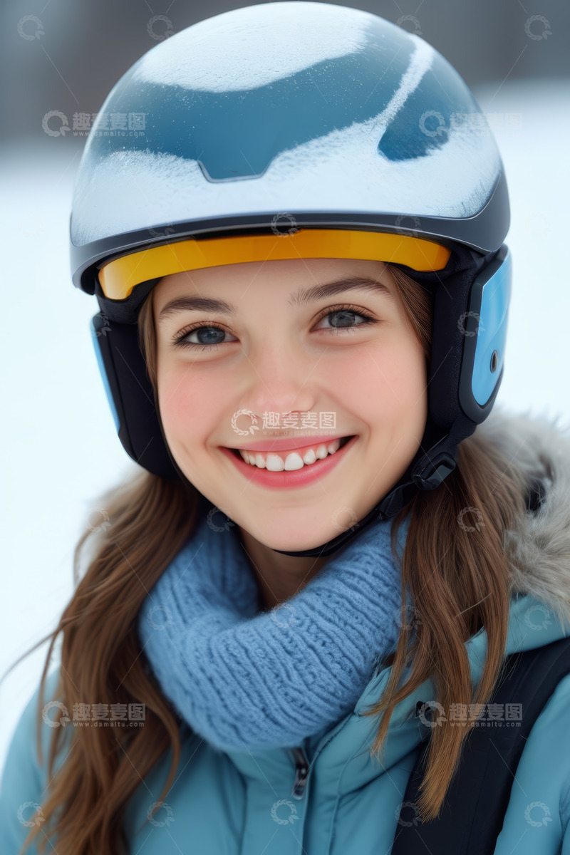 高清大图下载【趣麦麦图】戴滑雪头盔微笑的年轻女孩