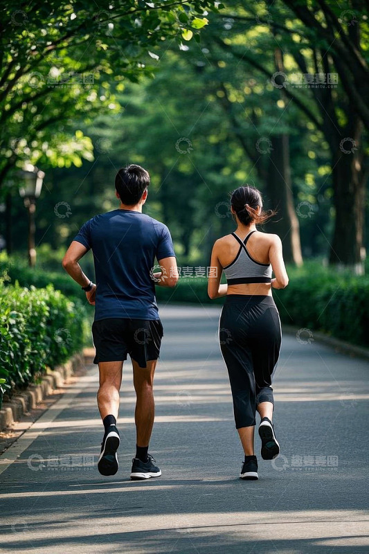 男女公园内慢跑背影
