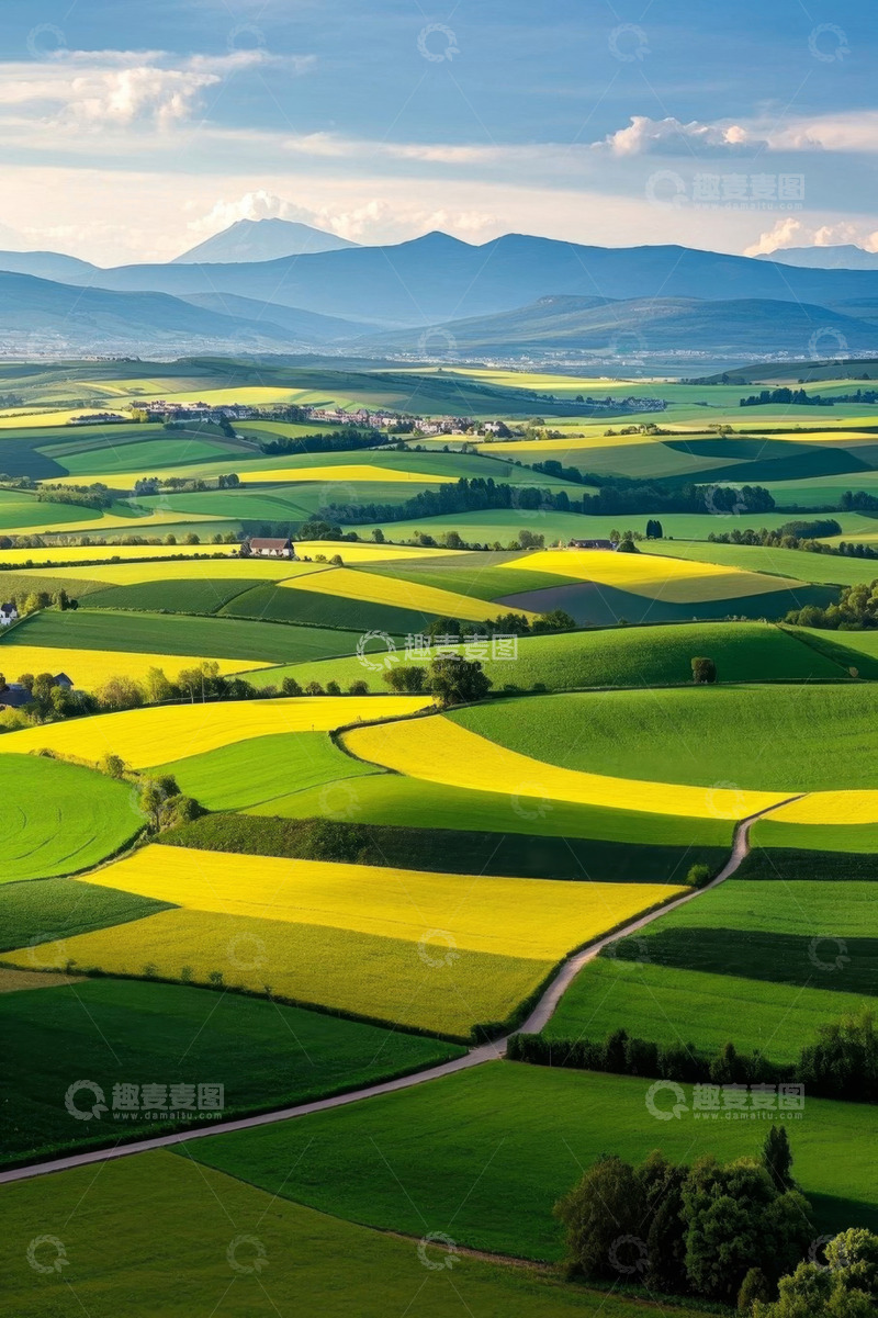 高清大图下载【趣麦麦图】田园风光中的黄绿相间农田