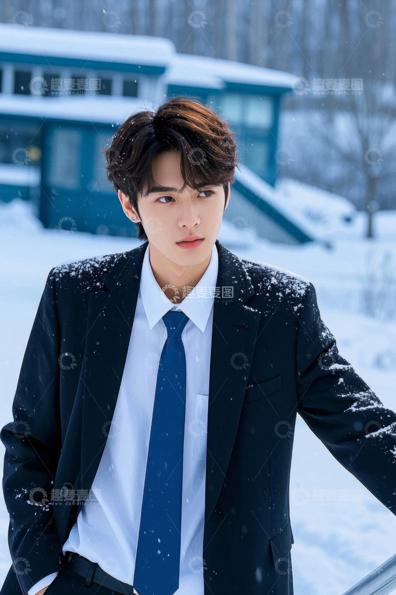 高清大图下载【趣麦麦图】雪中身着西装的年轻男子肖像