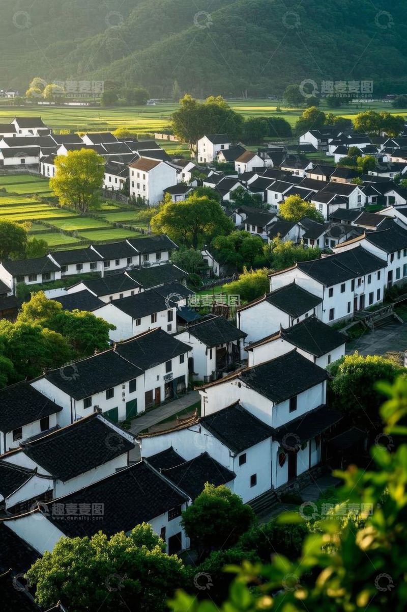 高清大图下载【趣麦麦图】乡村白墙黑瓦民居田园风光