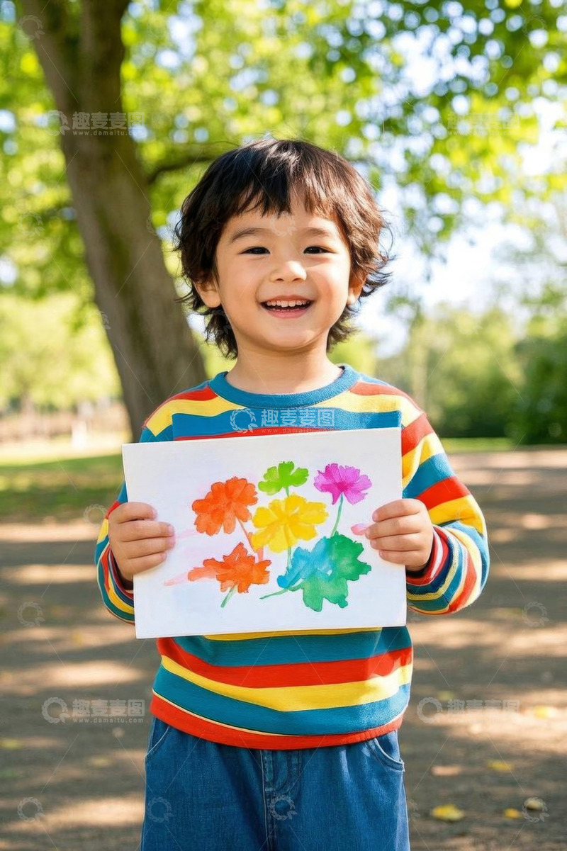 高清大图下载【趣麦麦图】小男孩户外展示手绘花朵作品