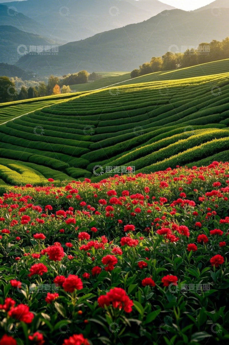 高清大图下载【趣麦麦图】山坡上的茶田与红色花卉景观