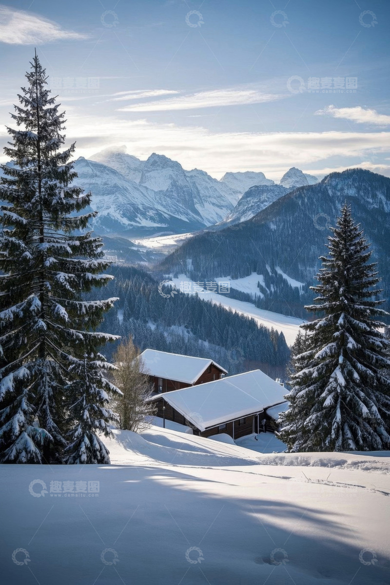 高清大图下载【趣麦麦图】雪山下的森林与雪覆小屋