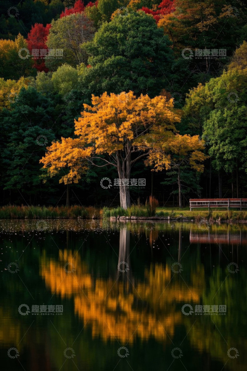 高清大图下载【趣麦麦图】湖畔秋日树林风景