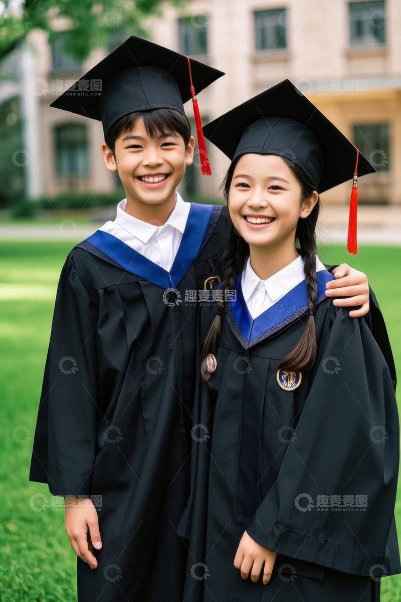 高清大图下载【趣麦麦图】儿童穿着学士服校园合影