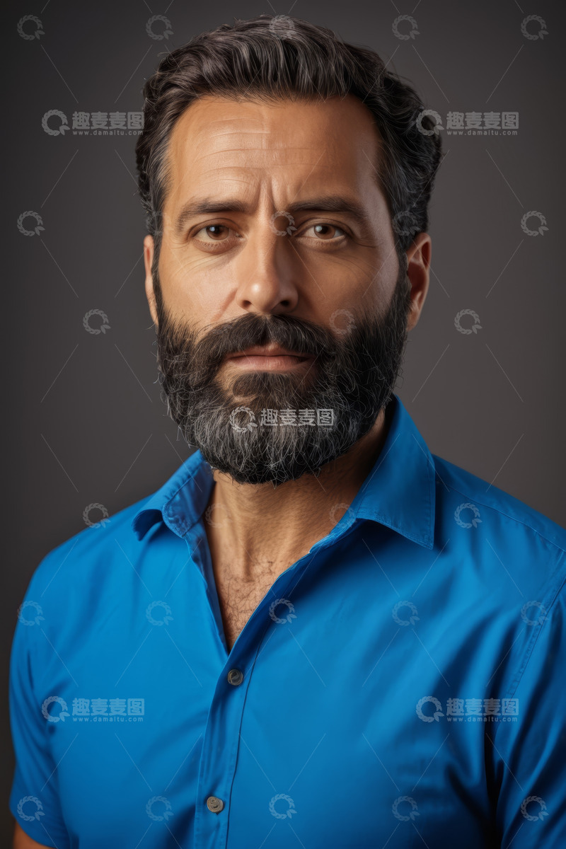 高清大图下载【趣麦麦图】成年男子蓝色衬衫肖像特写