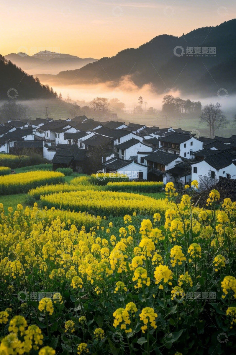 高清大图下载【趣麦麦图】山村油菜花海日出景象