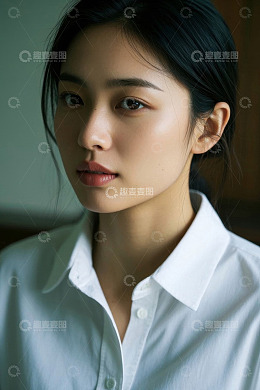 穿白衬衫的女性人像特写