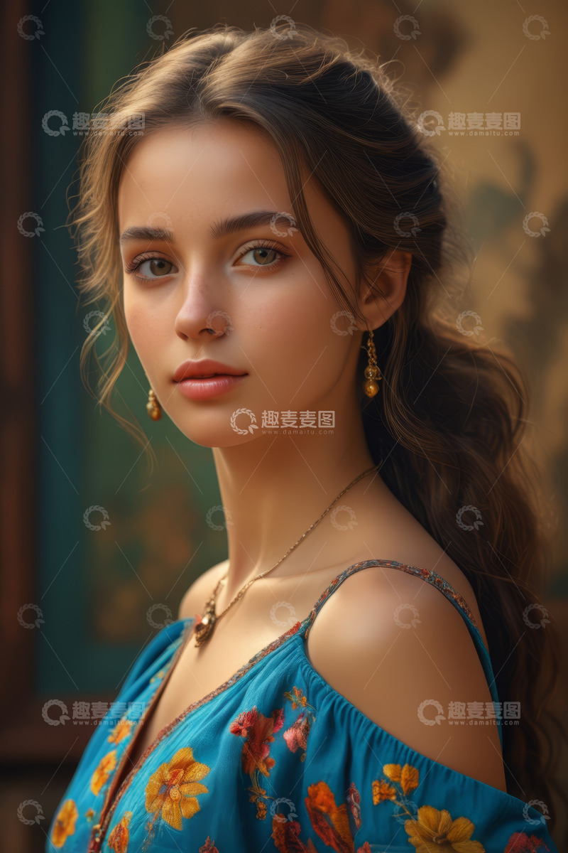 高清大图下载【趣麦麦图】穿花裙戴首饰的女性肖像