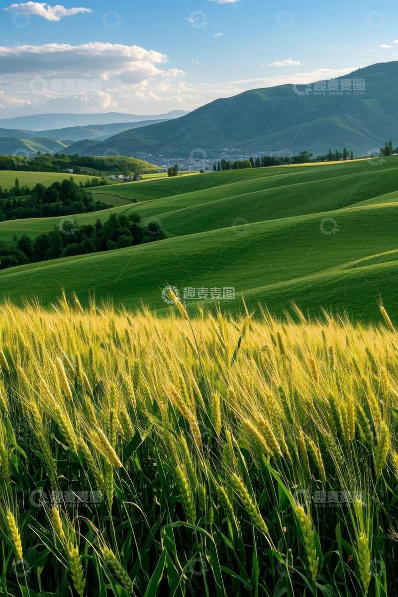 高清大图下载【趣麦麦图】田野间金黄麦穗与远山风景