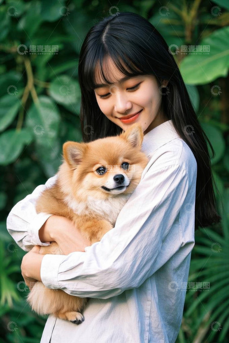 高清大图下载【趣麦麦图】女子户外抱小狗温馨场景