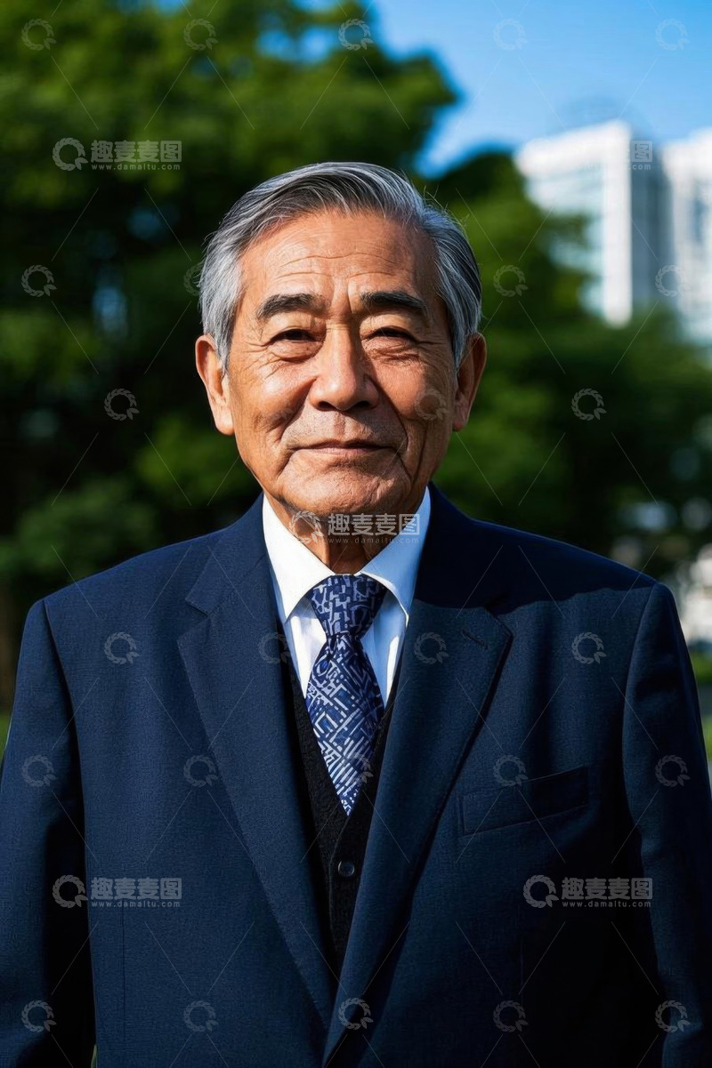 高清大图下载【趣麦麦图】户外穿着西装的亚洲老年男性