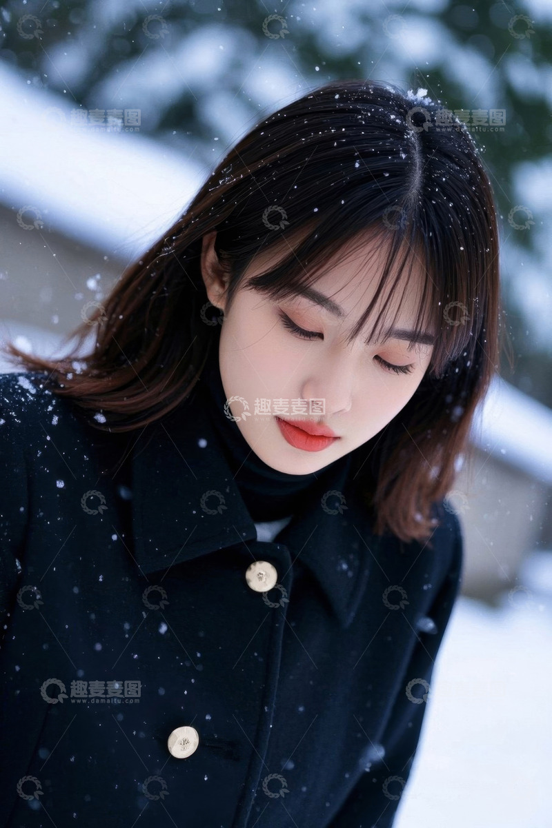 高清大图下载【趣麦麦图】雪中女子特写