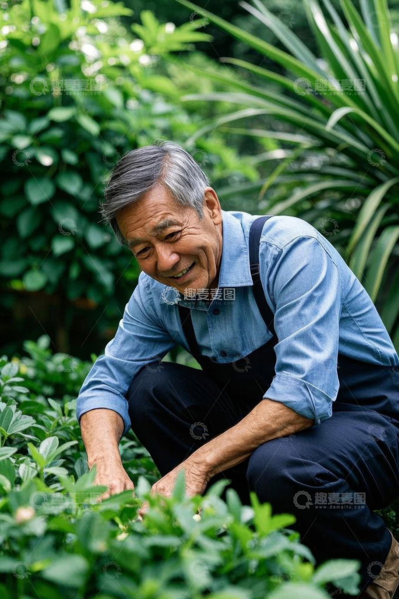 高清大图下载【趣麦麦图】老年人花园中俯身打理植物