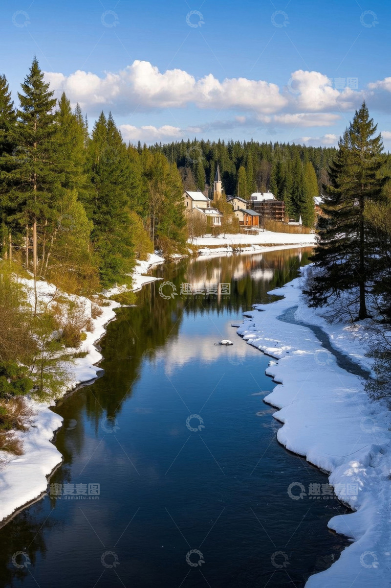 高清大图下载【趣麦麦图】冬日河畔森林与村庄景致