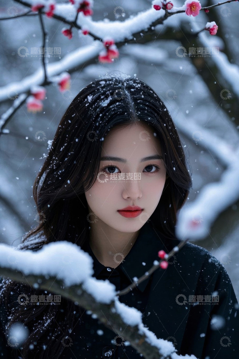 高清大图下载【趣麦麦图】雪中女子与红梅的唯美画面