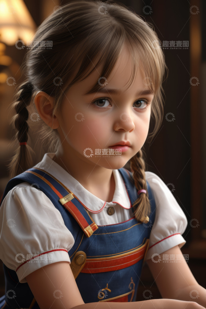 高清大图下载【趣麦麦图】扎双辫小女孩的肖像特写